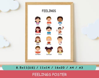 Feelings Poster | Emotions Chart | Kids Wall Art | Classroom Decor | Nursery Wall Art | Homeschool Decor