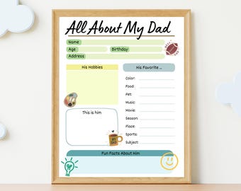 All About My Dad Printable, Fathers Day Gift From Kids, Dad Questionnaire, Kids Activity Sheet, Preschool Fathers Day Craft, DIY Gift