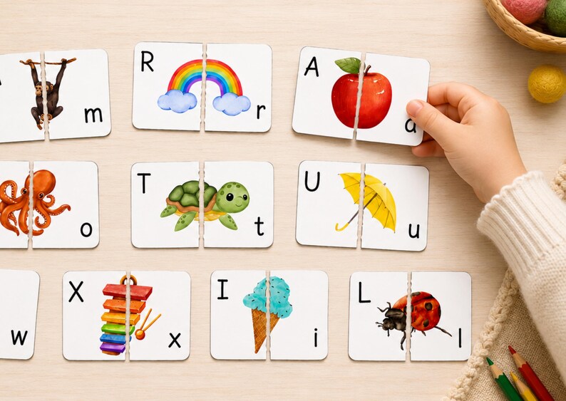 May include: A set of white rectangular educational matching cards featuring colorful watercolor illustrations of a monkey, rainbow, apple, octopus, turtle, umbrella, xylophone, ice cream, and ladybug paired with uppercase and lowercase letters.