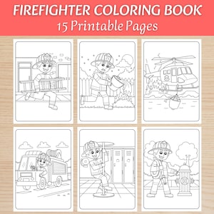 Könnte beinhalten: Ein Feuerwehr-Malbuch mit 15 druckbaren Seiten. Das Cover zeigt sechs schwarz-weiße Strichzeichnungen von Feuerwehrleuten in verschiedenen Szenen, darunter beim Bedienen eines Feuerwehrautos, beim Einsatz einer Leiter und in einem Hubschrauber.