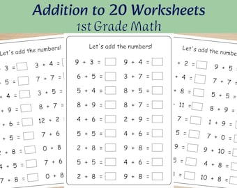 1st Grade Addition Worksheets | Addition to 20 Practice | Math Printable | Homeschool Math | No Prep Worksheets| First Grade Math Activities