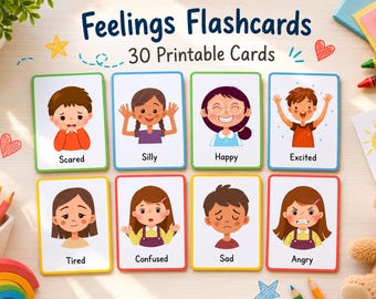 May include: A set of Feelings Flashcards featuring 30 printable cards. Each card displays a cartoon illustration of a child expressing a specific emotion, including Scared, Silly, Happy, Excited, Tired, Confused, Sad, and Angry, with text labels.