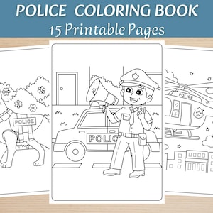 Puede incluir: Un libro para colorear de policía con 15 páginas imprimibles. La portada muestra tres ilustraciones de arte lineal en blanco y negro: un perro policía con arnés, un oficial de policía con un megáfono frente a un coche y un helicóptero.