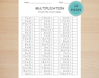 Multiplication Worksheets Printable | Times Tables 0-12 Practice | Single Digit Multiplication Maths Worksheets for Kids | Instant Download