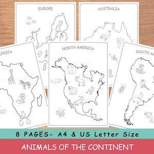 May include: A set of eight educational pages featuring outline maps of continents, including Africa, Europe, Australia, North America, and South America. Each map is illustrated with line drawings of animals native to the region. The text reads "ANIMALS OF THE CONTINENT."