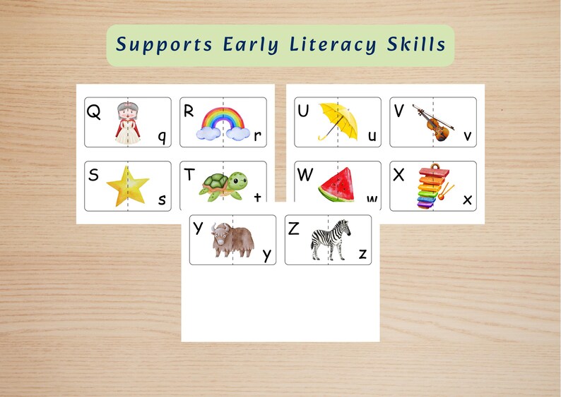 May include: A set of educational flashcards featuring the letters Q through Z with corresponding watercolor illustrations including a queen, rainbow, umbrella, violin, star, turtle, watermelon, xylophone, yak, and zebra, labeled Supports Early Literacy Skills.