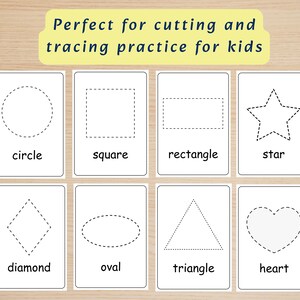 May include: Eight white rectangular cards featuring black dashed outlines of shapes including a circle, square, rectangle, star, diamond, oval, triangle, and heart. Each card includes the shape name in black text. Text at the top reads: Perfect for cutting and tracing practice for kids.