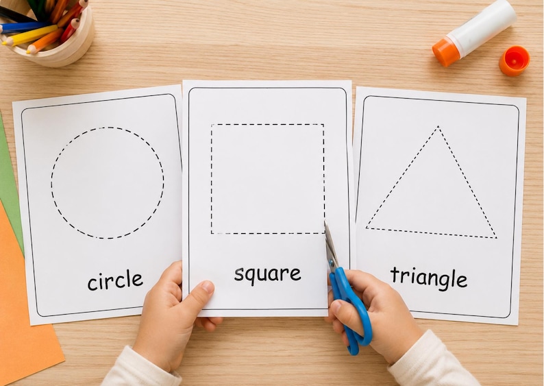 May include: Three white rectangular activity sheets featuring dashed outlines of a circle, a square, and a triangle with their corresponding names printed below each shape. Blue scissors are positioned to cut along the square's dashed line.