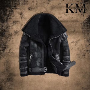 Handmade Men&#39;s Genuine Leather RAF Double Collar Aviator Bomber B3 Real Leather Jacket Black Leather Coat Sheep Skin Pilot Flying Jacket