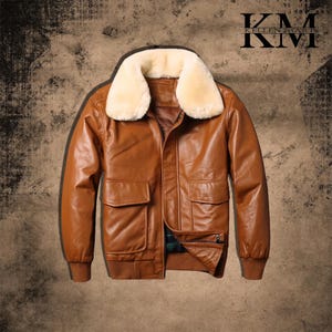 Handmade Men&#39;s Genuine Leather RAF Fur Collar Aviator Bomber B3 Real Leather Jacket Brown Leather Coat Sheep Skin Pilot Flying Jacket