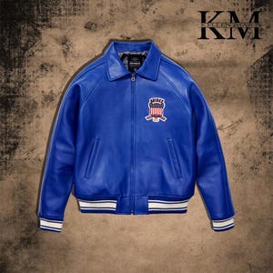 Blouson en cuir de vachette véritable Avirex pour homme fait main, veste Avirex bleue, veste personnalisée, veste Avirex emblématique, meilleur cadeau pour lui
