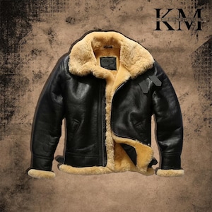 Handmade Men&#39;s Genuine Leather RAF Double Collar Aviator Bomber B3 Real Leather Jacket Black Leather Coat Sheep Skin Pilot Flying Jacket