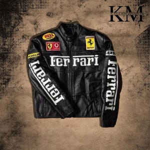 Blouson en cuir de course Ferrari style vintage avec logo F1 noir Blouson en cuir de course noir Formule de survêtement pour sport automobile, meilleur cadeau pour lui