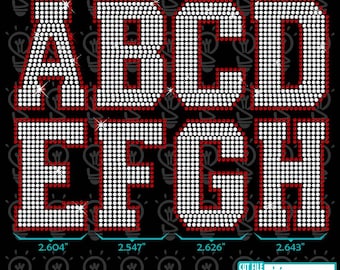 May include: A digital design featuring the letters A through H, each constructed from white rhinestones outlined in red. The design includes measurements in inches and the text "RHINESTONE 10SS STUDIO - SVG - EPS - PDF" and "CUT FILE SmartSVG".