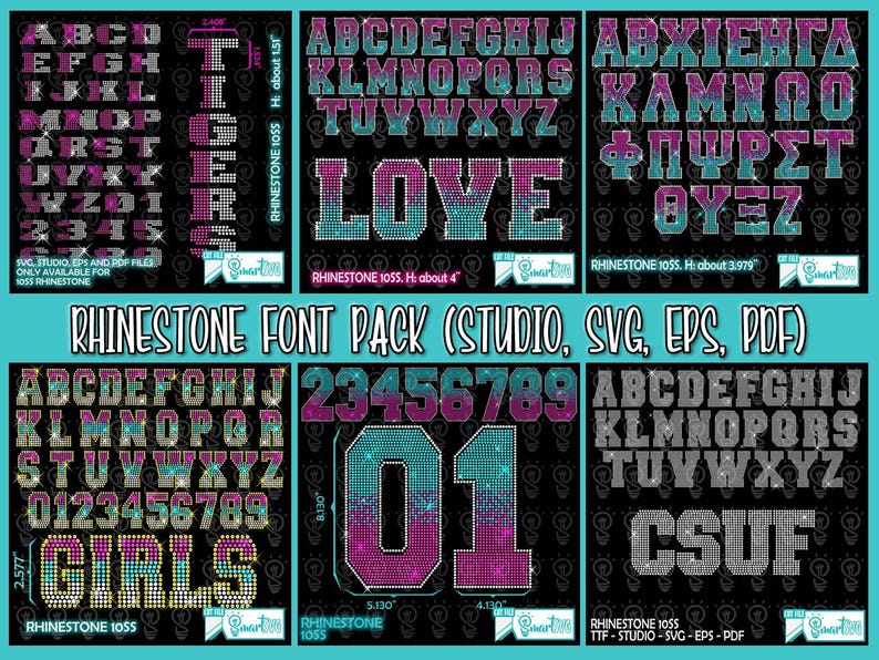 Pack of 6 Rhinestone Fonts, Rhinestone Template Collegiate Font ...