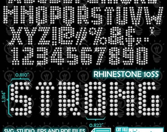 May include: A black graphic featuring the alphabet, numbers, and symbols in a rhinestone design. The word "STRONG" is also displayed in the same style. The image includes the text "RHINESTONE 10SS" and "SVG, STUDIO, EPS AND PDF FILES ONLY AVAILABLE FOR 10SS RHINESTONE".