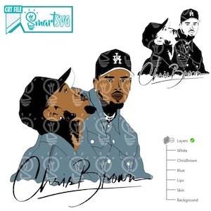 May include: Digital art featuring a stylized illustration of Chris Brown in a blue denim jacket and a black baseball cap. The image includes the artist's signature and the SmartSVG logo.
