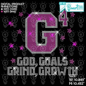 Puede incluir: Un diseño digital de pedrería sobre un fondo negro. El diseño presenta una gran letra "G" y el número "4" en rosa y blanco, junto con las palabras "GOD, GOALS, GRIND, GROWTH". El diseño mide 27,56 cm de ancho y 26,55 cm de alto.