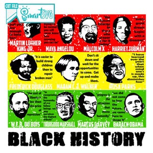 May include: A vibrant graphic design showcasing portraits of key figures in Black history, such as Martin Luther King Jr. and Barack Obama, with inspirational quotes. The text "BLACK HISTORY" is also included.