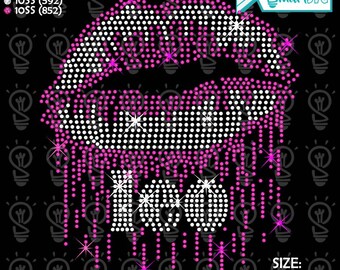 May include: A digital rhinestone design featuring a stylized pair of lips with the word "Icon" dripping from them. The lips are composed of white and pink dots, with sparkling accents. The design is set against a black background.