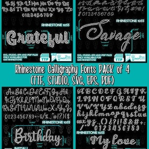 Peut inclure: Un pack de conception numérique avec quatre polices de calligraphie en strass. Les polices incluent les mots "Grateful", "Savage", "Birthday" et "My Love", ainsi qu'un alphabet complet et des chiffres, le tout dans un style strass étincelant.