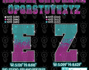 Könnte beinhalten: Ein digitales Alphabet-Design in Türkis- und Lila-Verläufen mit Glanzeffekten. Die Buchstaben werden auf schwarzem Hintergrund angezeigt, mit den Buchstaben "E" und "Z" in ähnlichem Stil. Die Abmessungen der Buchstaben sind angegeben.