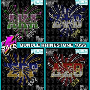 Puede incluir: Un paquete de productos digitales con cuatro diseños de pedrería. Cada diseño incluye una forma de corazón con letras griegas y el año 1908, 1922 o 1913. Los diseños utilizan varios colores, incluyendo verde, rosa, azul, amarillo, rojo y blanco. También se incluye el texto "FLASH SALE".