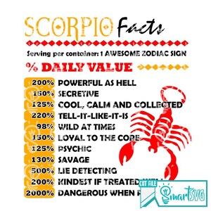 May include: A white graphic featuring "SCORPIO Facts" with a red scorpion illustration. The text includes percentages and phrases like "Powerful as Hell," "Secretive," and "Lie Detecting." The design is for a cut file.
