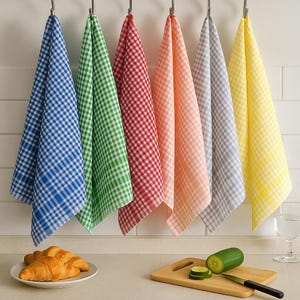 100% Cotton Gingham Kitchen Tea Towels, Colorful Checkered Farmhouse Style Dish Towel, Absorbent-Washable Hand Towels for Kitchen or Dining