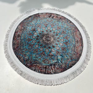 Turquoise Bamboo Rug: Geometric Persian-Style Accent Mat with Fringe