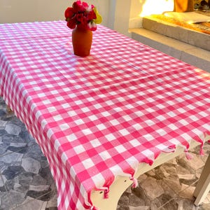 Pink Gingham Tablecloth: Handmade Cotton Table Cover with Tassels