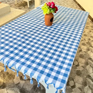 Handmade Blue Gingham Tablecloth: Cotton Tassel Edges, Rustic Farmhouse Decor