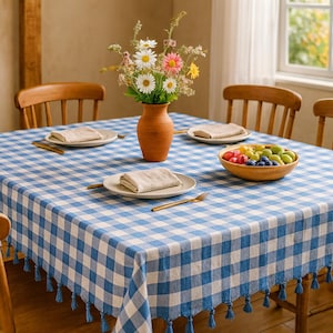 Blue Gingham Cotton Tablecloth with Tassels, Checkered Farmhouse Tablecloth(65x6&quot;)