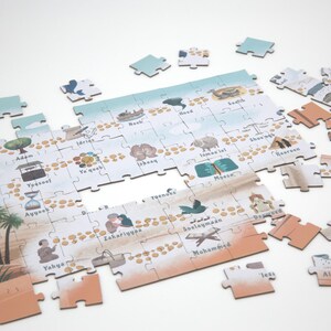 Könnte beinhalten: Ein teilweise zusammengesetztes Puzzle mit hellblauem und beigefarbenem Farbschema. Die Puzzleteile sind auf einer weißen Oberfläche verstreut. Das Puzzle zeigt Illustrationen und Text, einschließlich des Wortes "Mohammad".