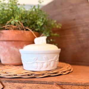 Vintage Embossed Pear Design Lidded White Ceramic Dish: Farmhouse, Cottage, Cottagecore