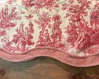Pair of Vintage Waverly French Toile Red Gingham Scalloped Valances