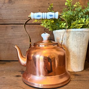Vintage Tea Kettle/Teapot: Copper-Plated and Brass with Blue Ceramic Handle Knob