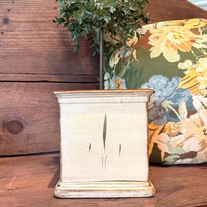 May include: A rectangular, off-white decorative box with a distressed finish and a gold-colored top. The box features a simple, vertical design on the front. A small, green topiary and a floral pillow are in the background, set on a wooden surface.
