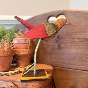 Metal Folk Art Bird on Stand, Red & Green Bird