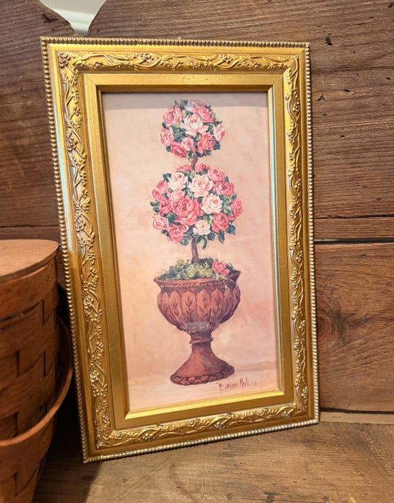 Vintage Rose Topiary Print in Gold Frame by Barbara Mock - Etsy