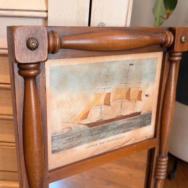 Vintage Wooden Framed Rectangular Mirror Clipper Ship “Nightingale” Americana Currier & Ives