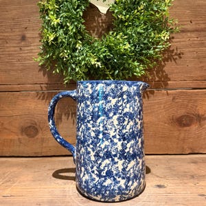 Large Vintage Blue Spongeware Signed Marshall Pottery Farmhouse Pitcher