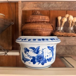May include: A white ceramic planter with a wide, flared rim featuring a blue floral and butterfly pattern. The design includes detailed blue butterflies and blossoms encircling the exterior, with a repeating blue leaf motif along the top edge.
