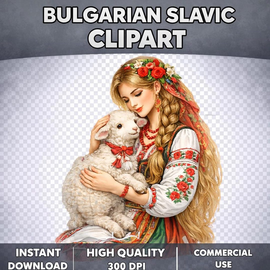 Bulgaria Woman Rabbit Bulgarian Folk Woman With Lamb PNG | Slavic Shepherd Girl Art ...