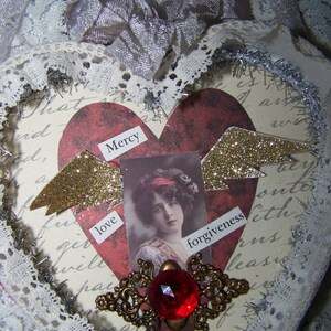 handmade heart wall decor-shadowbox art-assemblage art-red and white-embellished with vintage objects-shabby chic cottage decor