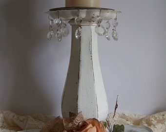 fancy wood riser, candle holder, upcycled ,vintage materials, white, chippy, chalk paint, distressed, shabby chic,