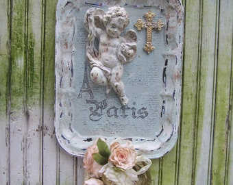 wall art- French style decor - vintage materials- chippy white gray paint- distressed paint- cherub- gold cross-