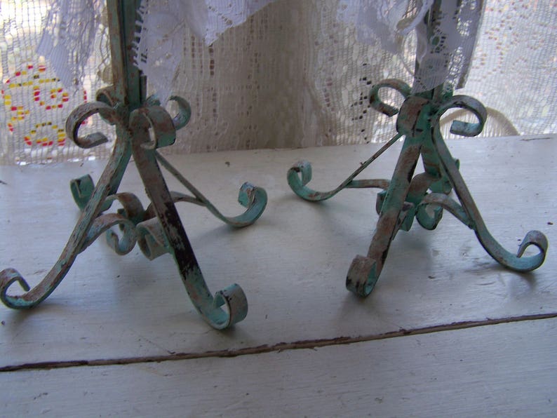 vintage/ iron candle holders scroll design/aqua chalk paint/ chippy paint/distressed/ coastal decor/ cottage decor/ vintage embellishments. image 4