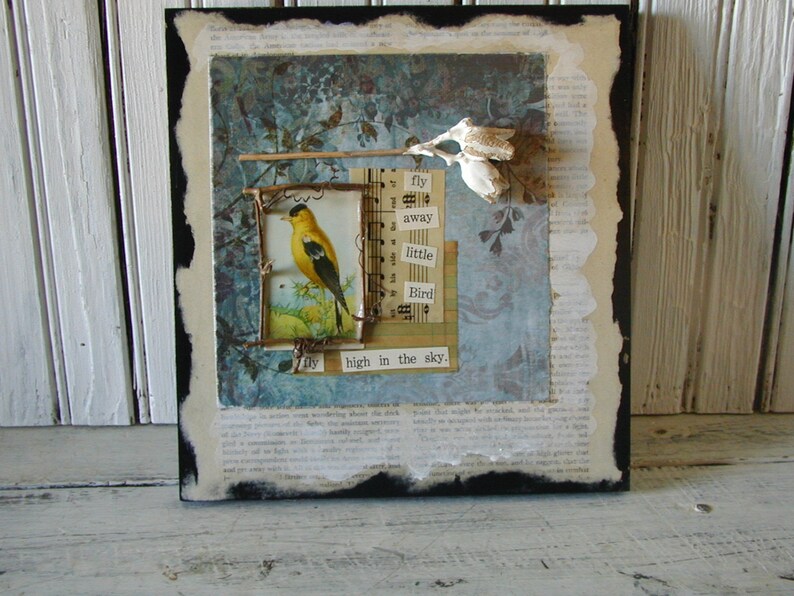Mixed Media / Nature Collage / Wall Hanging / Vintage Bird Card