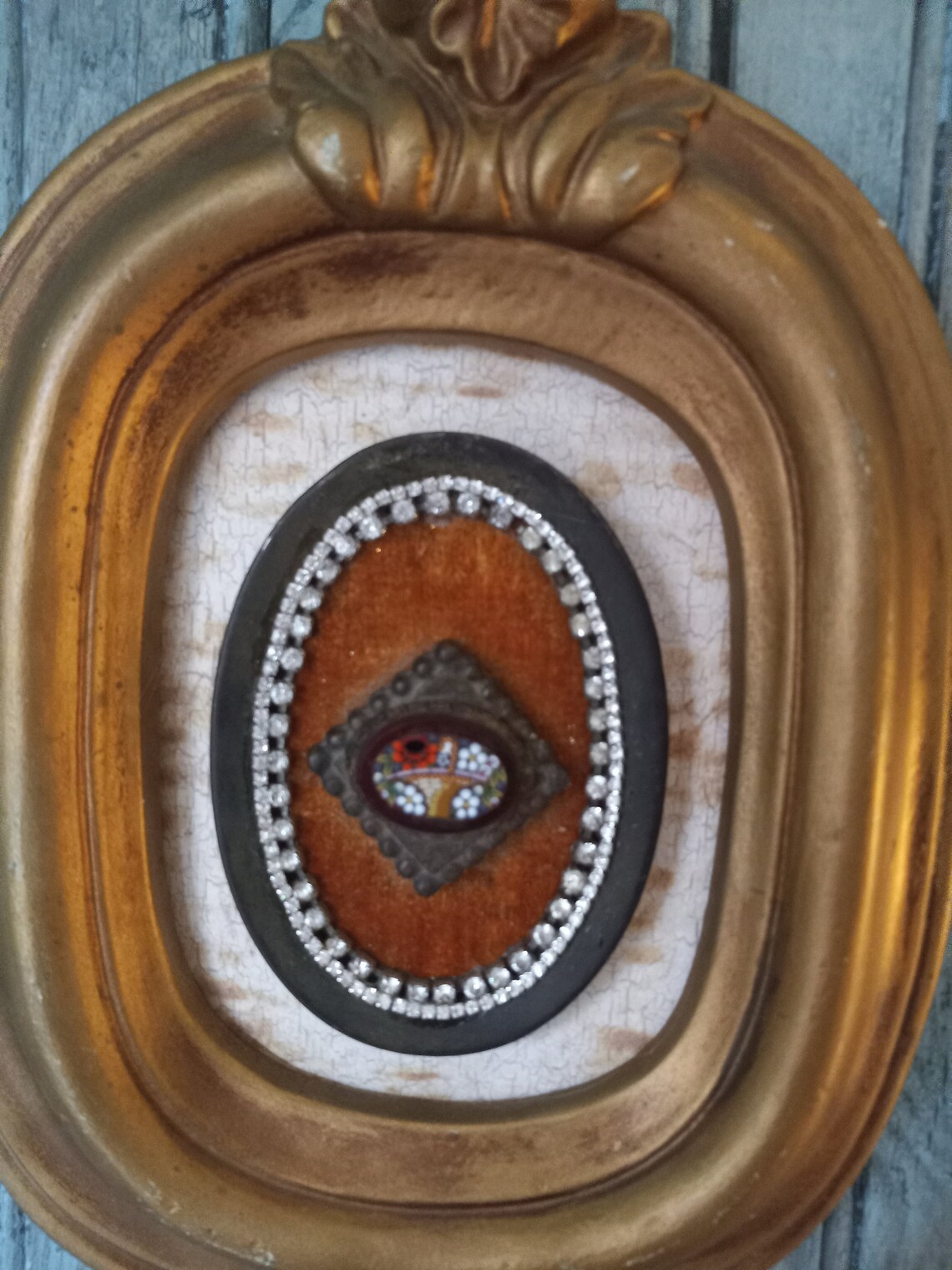 Vintage Finds, Wall Art, Gold Frame, Antique Mosaic Brooch , Gold